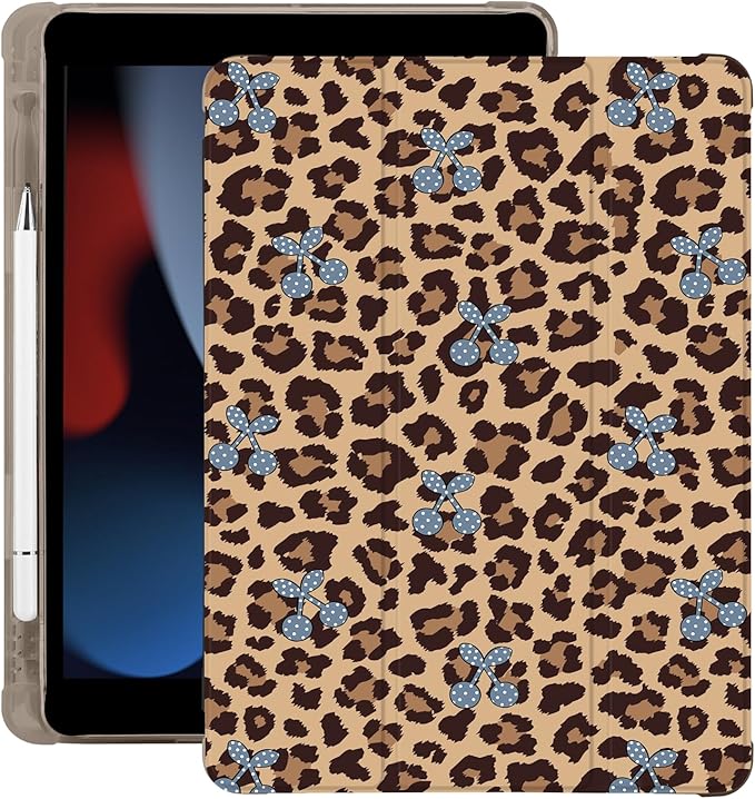 Cute Leopard Print Cherry for iPad Pro 11 Inch Case (M5/M4) 2025/2024 with Pencil Holder Auto Sleep/Wake Black Leather Soft TPU Back Cover