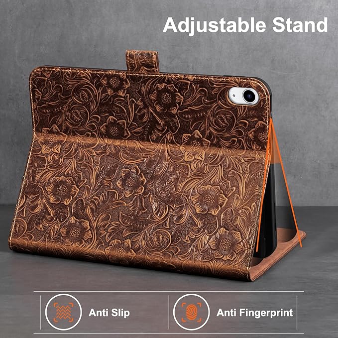 Gexmil Leather Case for iPad (A16) 11th Generation 11 Inch 2025 iPad 10th Generation 10.9 Inch 2022Protective Cover with Magnetic ClosureAuto Sleep/WakeFloral Brown