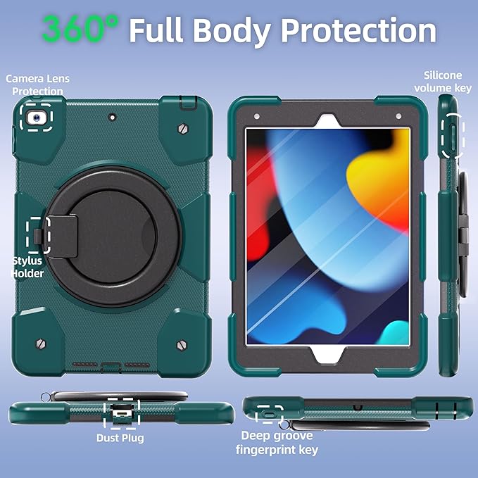 Case for iPad 9th/8th/7th Generation 10.2 inch Shockproof Cover with Screen Protector/360° Rotate Stand/Pencil Holder/Shoulder Strap Kids Case for iPad 2021/2020/2019 (Dark Green+Black)