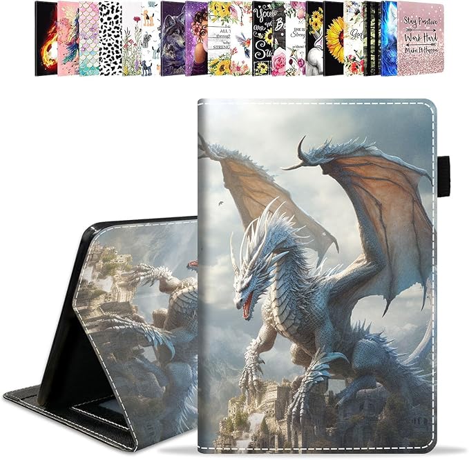 Case for All-New Amazon Kindle Fire HD 10 &amp 10 Plus Tablet 10.1 (13th/11th Generation 2023/2021 Release) - PU Leather Folio Case with Smart Auto Wake/Sleep White Dragon
