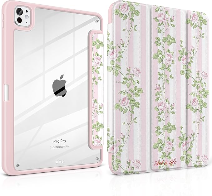 TWOLSKOO Case for iPad Pro 11-inch (M5 2025 / M4 2024) Clear Acrylic Back with TPU Bumper Pencil Holder Trifold Stand Auto Sleep/Wake Rose Vine