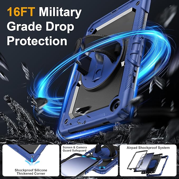 Case for Samsung Galaxy Tab A9+/A9 Plus 11 Inch 2023(SM-X210/X216/X218) Ubearkk Full-Body Drop Protection Case with Screen Protector 360° Rotating Stand and Hand/Shoulder Strap Navy Blue