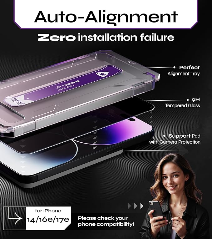 Defenslim for iPhone 14 / 16e / 17e Privacy Screen Protector (2Pack) Easy Auto-Dust &amp Align Install Kit 6.1 Tempered Glass 9H Hardness Privacy Protection Case Friendly SpyShield