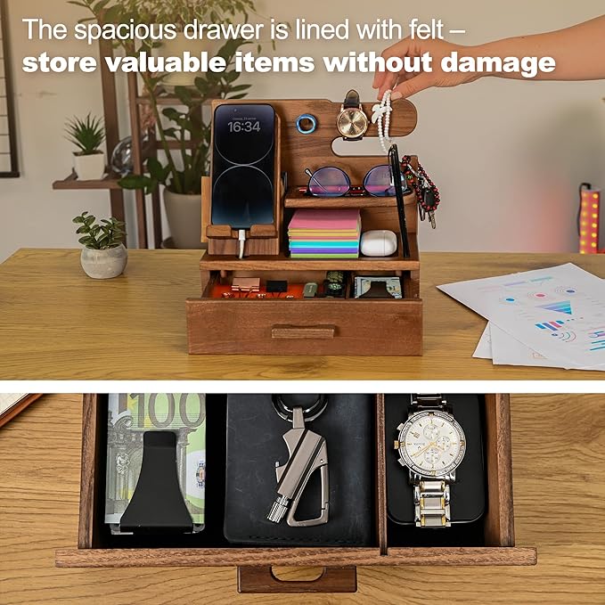 TESLYAR Wood Phone Docking Station with Drawer - Nightstand Organizer - Desk Organizer for Husband - Birthday Gifts for Men Dad Anniversary Idea Key Holder Stand Watch &amp Accessories (Desert Bei