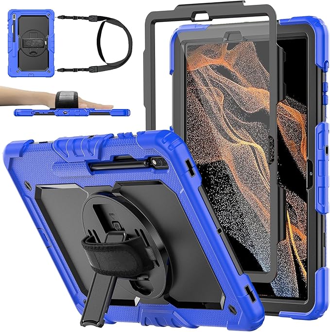 Case for Samsung Galaxy Tab S8 Plus 2022/S7 FE/S7 Plus 5G 12.4-inch Tablet Case Protective [with Screen Protector] Rotatable Kickstand S Pen Holder Hand/Shoulder Strap (Blue)