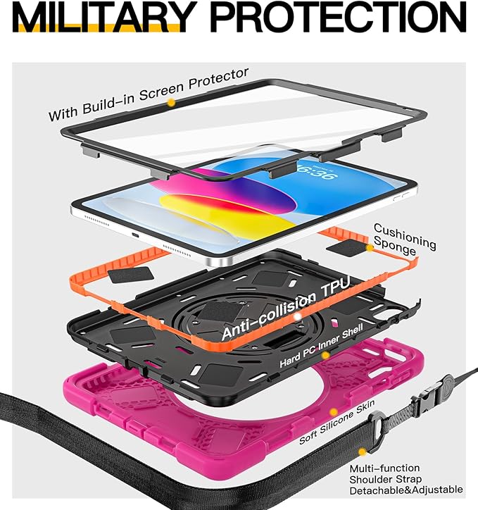 BRAECN for iPad (A16) 11th/10th Generation case 11/10.9 inch 2025/2022 Heavy Duty Shockproof Protective with Pencil Holder Screen Protector 360°Rotating Stand Handle &amp Shoulder Strap Full Body Cov