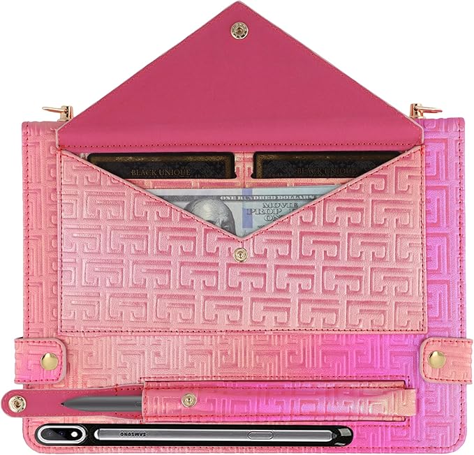 Shiny Case for Samsung Galaxy Tab S8+/S7+/S7 FE 12.4 Handbag with Hand Strap Techcircle Iridescent PU Folio Envelope Pocket Stand Cover with Shoulder Strap+Pen Holder+Card Slots Shiny Rose Pink