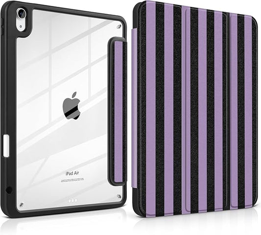 DONGKE Case for iPad Air 11-inch M4 2026 &amp M3 2025 &amp M2 2024 iPad Air 5th/4th Generation 10.9 2022/2020 [Built-in Pencil Holder] Clear Acrylic Back Trifold Stand Smart Cover Purple Stripes