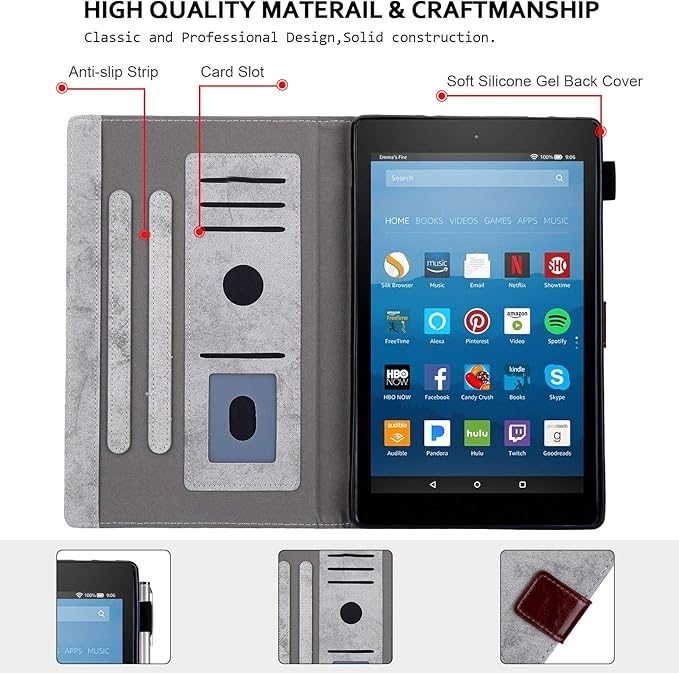 Folding Case for Amazon Fire HD 10 9th/7th/5th Gen Techcircle Smart Flip [Wake/Sleep] Solid PU Leather Protective Cover for All-New Kindle Fire HD 10.1 inch Tablet 2019/2017/2015 Release Gray
