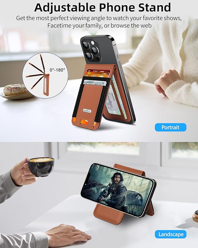 For Magsafe Wallet Stand Magnetic Wallet for iPhone 17/16/15/14/13/12 Series for iPhone Walletwith Adjustable Stand ID Window 4 Card Slots 10 Cards Holder Vegan Leather RFID Blocking Brown