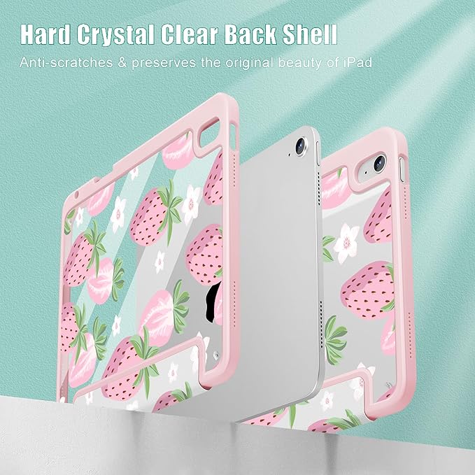 May Chen for iPad Air 11-inch M4/M3/M2 (2026/2025/2024) iPad Air 5th/4th 10.9 Inch - Shockproof Cover with Clear Back Shell &amp Penceil Holder Auto Wake/Sleep Stand Cover Strawberries