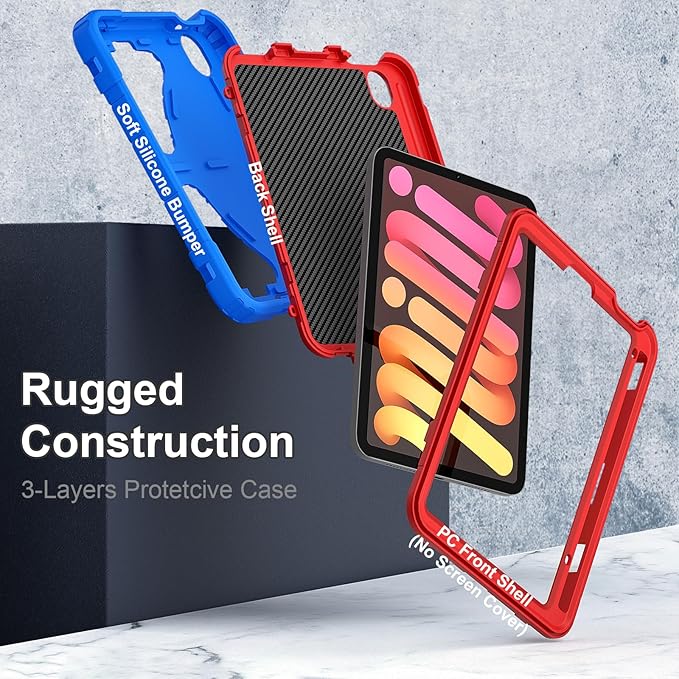 Case for iPad mini 7 (A17 Pro) 2024 iPad mini 6 2021 8.3-Inch Kids Friendly Shockproof Cover with Kickstand Shoulder Strap Pen Holder Support Pencil Pro &amp Pencil USB-C Blue Red