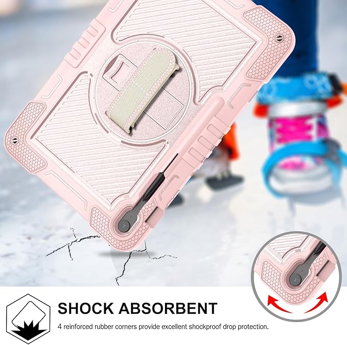 Tablet Case Compatible with Samsung Galaxy Tab S10 FE Plus 13.1 Inch 2025 Model (SM-X620/X626) CaseHeavy Duty Shockproof Rugged Protection Cover Stand &ampHand Strap+Shoulder Strap(Rose Gold)