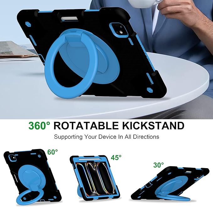 Case for iPad Pro 11 Inch M4 2024/M5 2025 Case Heavy Duty Shockproof Cover with Screen Protector/360° Rotate Stand/Shoulder Strap/Pencil Holde (Black+Blue iPad Pro M4/M5 11 inch)