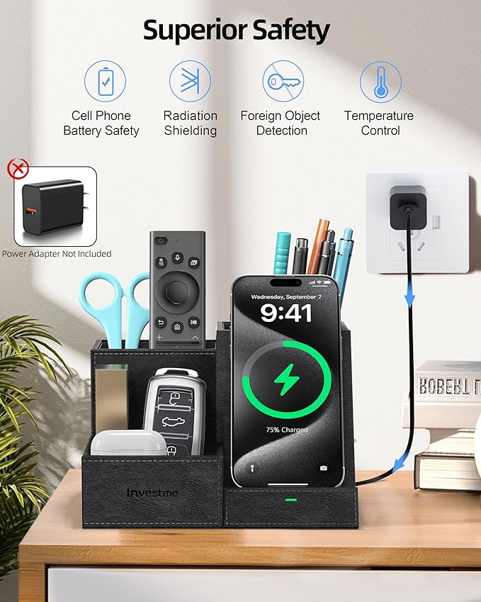 Wireless Charger with Desk Organizer Pen Pencil Holder Multifunctional Desktop Organizer Office Supplies and Desk Accessories Organizer with 3 Compartments and 1 Phone Stand PU Black