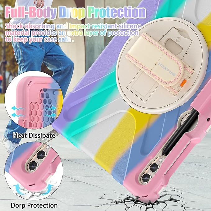 BRAECNstock Kids Case for Samsung Galaxy Tab S10+ Plus/ S9 FE+ Plus/ S9+ Plus/ S8+ Plus/ S7 FE/ S7+ Plus 5G 12.4 Shockproof Protective Cover with Pen Holder Rotating Stand&ampHand Strap - Colorful P
