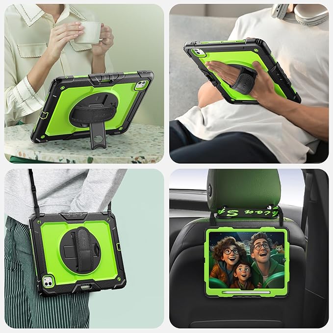 SEYMAC Case for iPad Pro 13 Inch M5 2025 / M4 2024 Heavy Duty Shockproof Protective Case with Screen Protector 360° Rotating Stand Hand/Shoulder Strap and Pen Holder Green