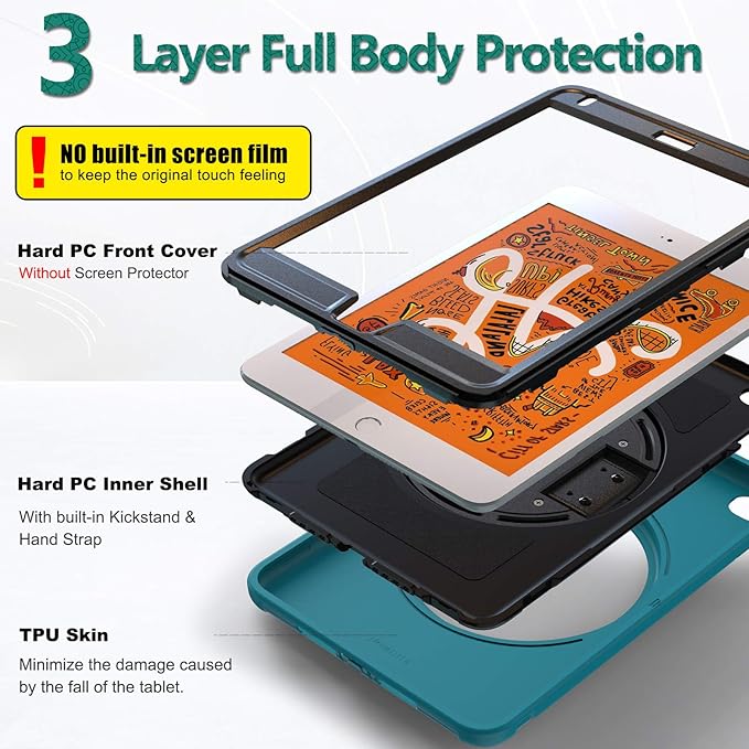 BATYUE for iPad mini 5/4 7.9 Inch Case (2019/2015) Shockproof Cover with 360° Kickstand &amp Pencil Holder Comfortable Leather Hand Strap for Easy Grip - Light Blue