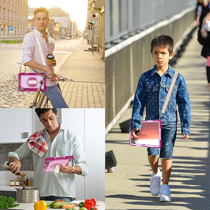 Shockproof Case for Samsung Galaxy Tab S10 FE+/FE Plus 13.1 Tablet with Shoulder Strap Techcircle Heavy Duty Rotating Kickstand Rugged Defender Case w/Adjustable Hand Strap Rose+Pink