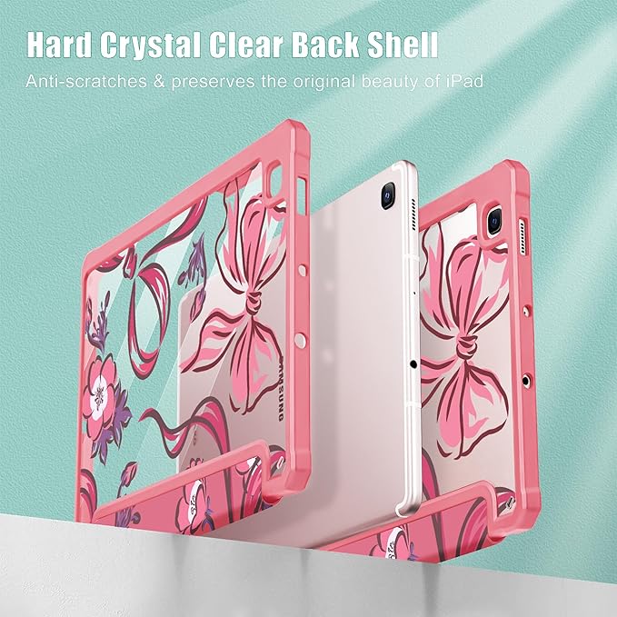 Mektron Case for Samsung Galaxy Tab S6 Lite 10.4 Inch 2024/2022/2020 with S Pen Holder Multi-Angle Viewing with Shockproof Cover Clear Shell + Trifold Stand + Auto Wake/Sleep Flowers-Bows-Red