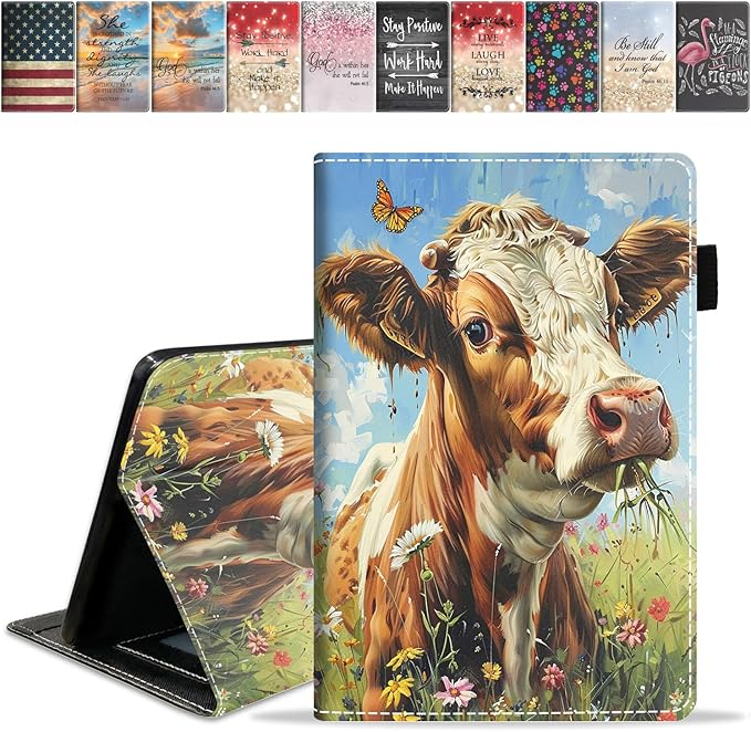 Case for Amazon Kindle Fire 7 Tablet (7 9th/7th Generation 2019/2017 Release) Slim PU Leather Cover with Card Slot &amp Auto Wake/Sleep Watercolor Art Cow