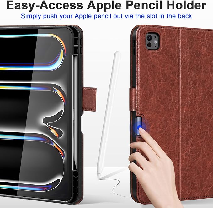 Genuine Leather Case for iPad Pro 13 Inch M5 2025 / M4 2024 Premium Folio Cover with Pencil Holder Auto Wake/Sleep &amp Adjustable Stand - Vintage Red Brown
