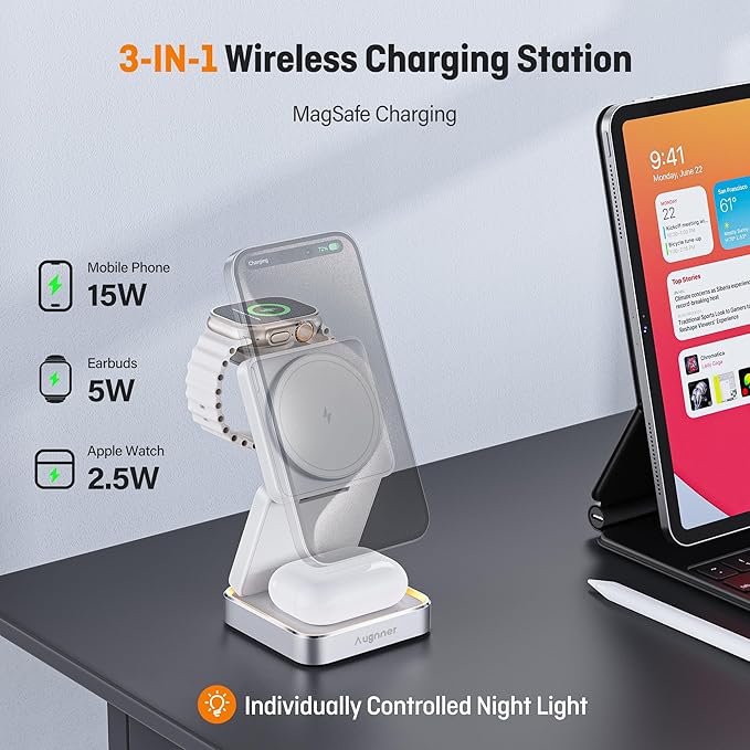 【2026 Upgraded】Wireless Charger 3 in 1 Foldable Wireless Charging Station with Light for Apple MagSafe Charger Travel Magnetic Charger for iPhone 17/16/15/14/13/12 Apple Watch AirPods (20W Adapter)