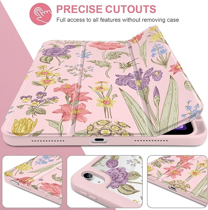 DONGKE Case for iPad Air 11-inch M4 2026 &amp M3 2025 &amp M2 2024 iPad Air 5th/4th Generation 10.9 2022/2020 [Built-in Pencil Holder] Clear Acrylic Back Trifold Stand Smart Cover Pink Botanical