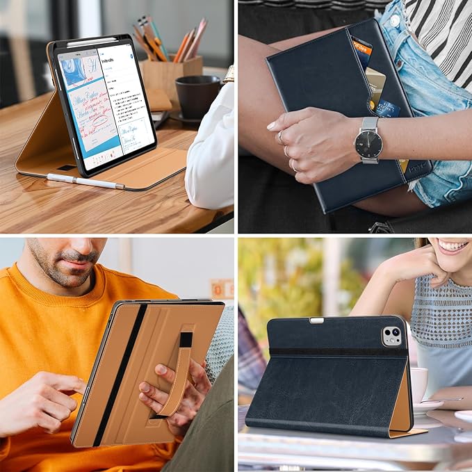 DTTO for iPad Pro 13 inch Case (M5/M4) 2025/2024 Premium Leather Business Folio Stand Cover with Pencil Holder - Auto Wake/Sleep &amp Multiple Viewing Angles Built in Hand Strap &amp Pocket Blue