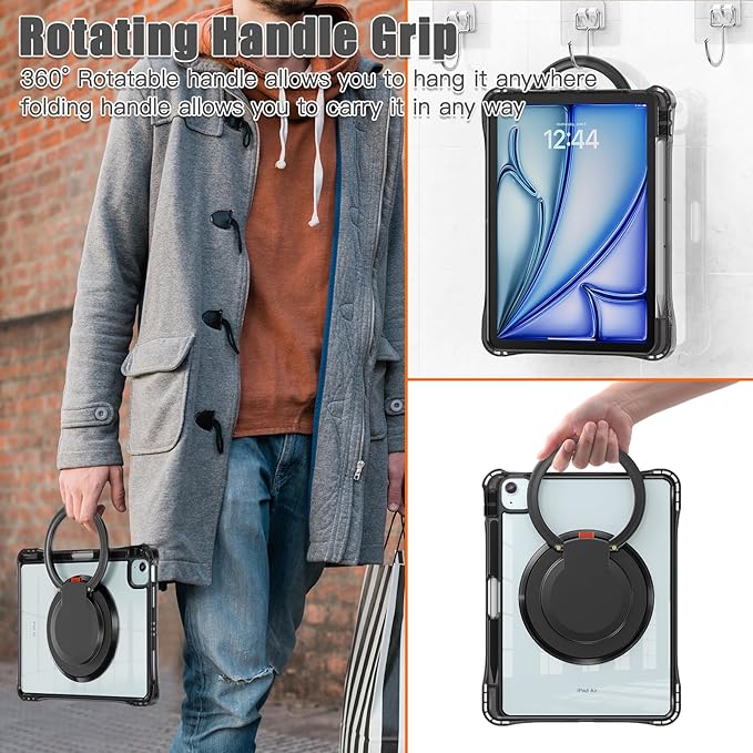 Shockproof Case for iPad Air 11'' (M4 2026/M3 2025/M2 2024)/ iPad Air 10.9'' Air 5th /4th Gen PC Clear Tablet Cases with Rotating Stand for Kids Black