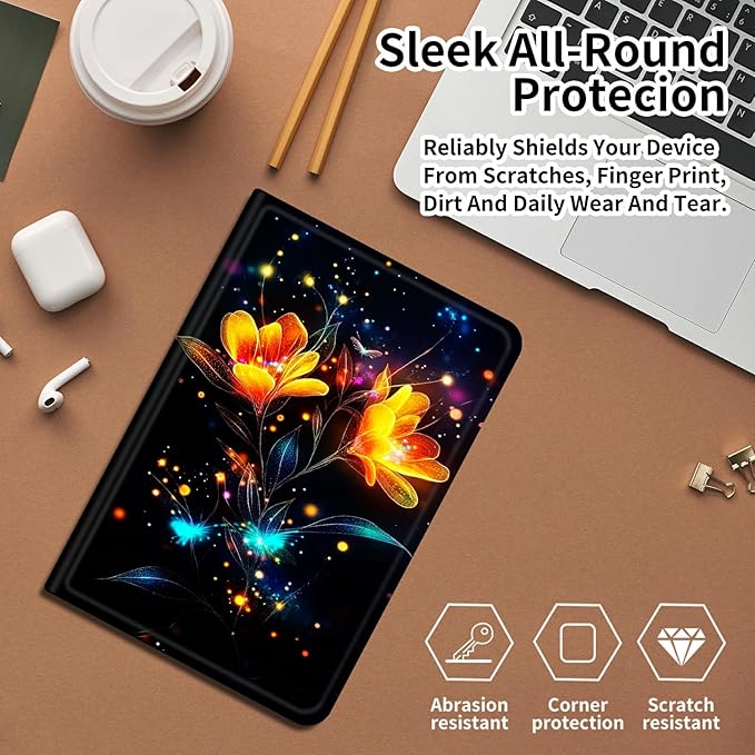 Case for Amazon Fire HD 8 Tablet (8th/7th/6th Generation 2018/2017/2016 Release) PU Leather Smart Protective Cover with Auto Sleep/Wake for Fire HD 8 2018/2017/2016Flowers with Glowing Fireflies