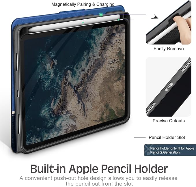 KingBlanc Case for iPad mini 7 (A17 Pro) iPad mini 7th/6th Generation (2024/2021 8.3 inch) with Pencil Holder Vegan Leather Stand Cover Auto Sleep/Wake Adjustable Viewing/Drawing Angle Blue