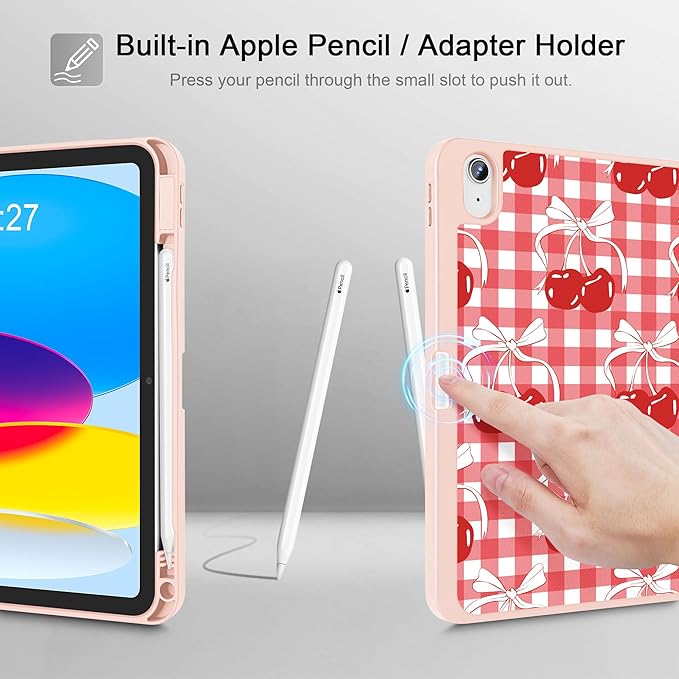 May Chen for iPad (A16) 11th Generation Case 11 Inch 2025 iPad 10th Gen Case 2022 10.9 inch Trifold Stand with Auto Wake/Sleep Soft TPU Protective Stand Back Cover Cherry Bow