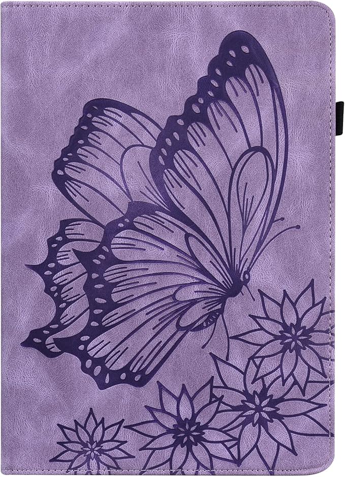 for Amazon Kindle Fire HD 10 &amp HD 10 Plus Case 13th/11th Generation 10.1 inch (2023/2021) Folio Stand Embossed PU Leather Wallet Cover with Pencil Holder/Card Pockes Purple Flower Butterfly