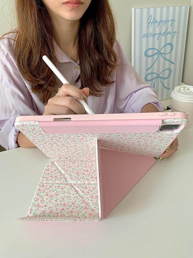 Detachable Magnetic 360 Rotating Adjustable Kickstand Hard PU Folio Case for Apple White Pink Rose Flower Floral Pretty Chic Cute Lovely Girls (for iPad 6 9.7-inch 6th Generation 2018)