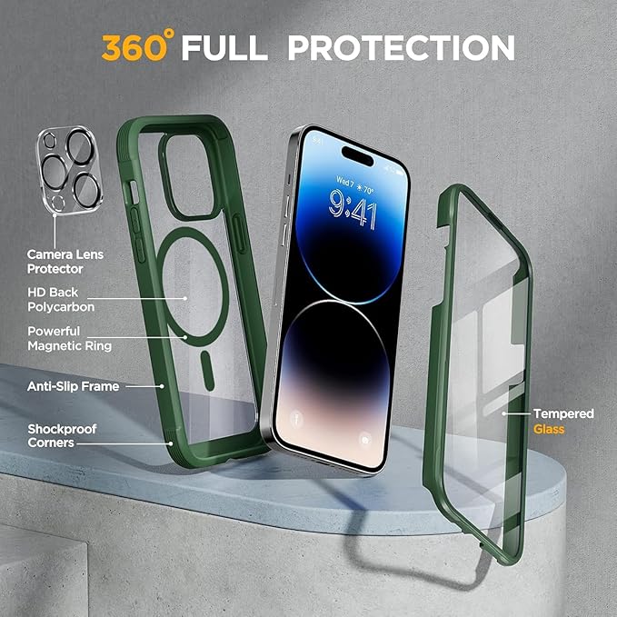 Miracase Magnetic for iPhone 14 Pro Case 6.1 inch (Compatible with MagSafe) Upgrade Full-Body Clear Phone Bumper Case with Built-in 9H Tempered Glass Screen Protector Magnetic Acacia Green