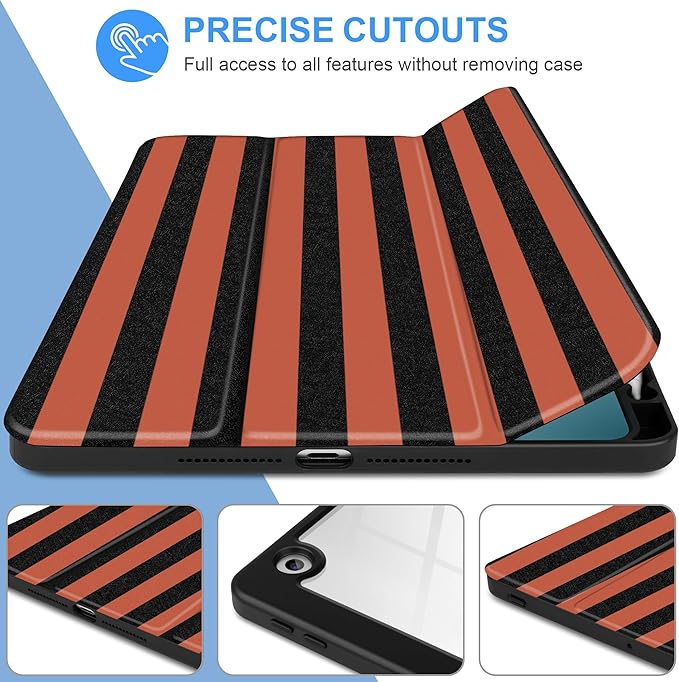DONGKE for iPad 9th/8th/7th Generation Case 10.2 Inch (2021/2020/2019) [Auto Sleep/Wake &amp Pencil Holder] Clear Acrylic Back Trifold Stand Cover Orange Stripes