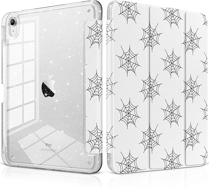 MEEgoodo Case for iPad A16 11th Generation 2025/10th Generation 2022 Glitter Tablet Cases with Transparent Acrylic Back+Trifold Stand +Pencil Holder+Auto Wake/SleepSpiderweb Pattern