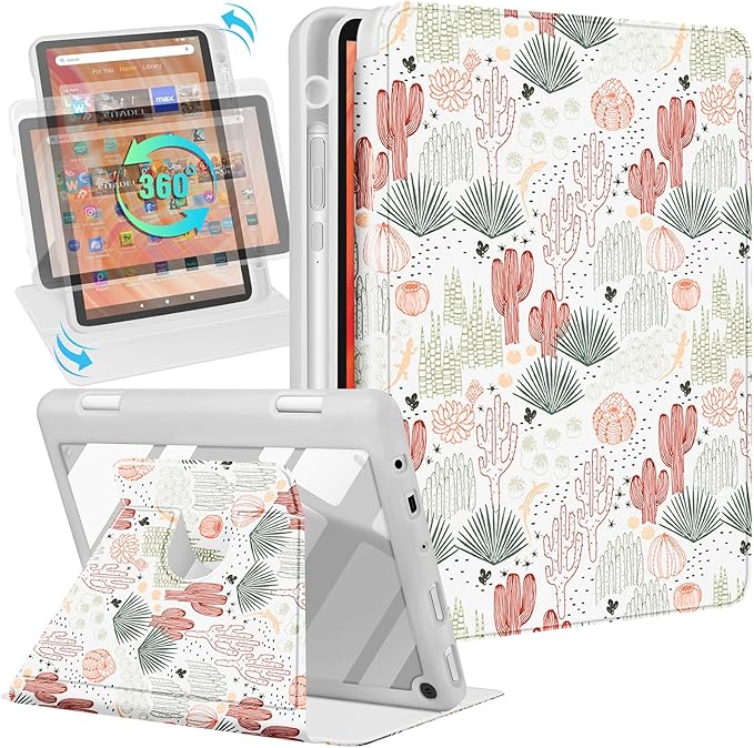 Kidcube for Kindle Fire HD 10/10 Plus Tablet Case - 13th/11th Generation (2023/2021) 10.1 Women Girls Cute Girly Cactus Design Rotating Stand Pencil Holder Folio Cases for Amazon Fire HD 10/10 Plus