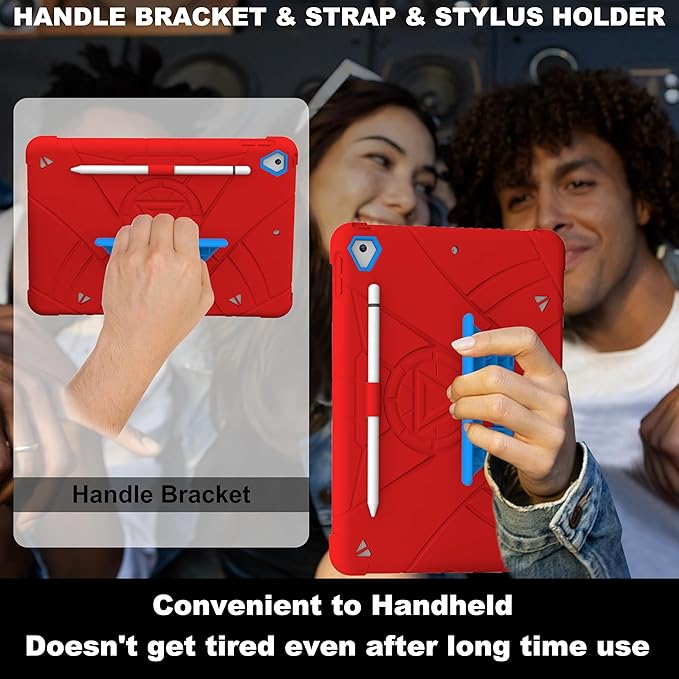 Case for iPad 9th/8th/7th Generation 10.2 inch Heavy Shockproof Cover with Screen Protector/180° Rotating Handle/Bracket/Pen Holder/Shoulder Strap Kids Case for 2021/2020/2019 (D-Red+Blue)