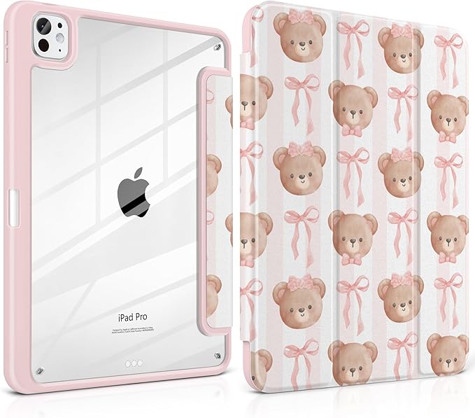 TWOLSKOO Case for iPad Pro 11-inch (M5 2025 / M4 2024) Clear Acrylic Back with TPU Bumper Pencil Holder Trifold Stand Auto Sleep/Wake Bows &amp Bears