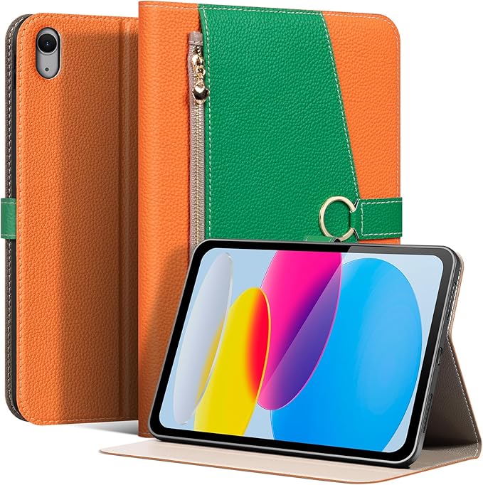 Leather Case for iPad 11th Gen 11 (2025) &amp 10th Gen 10.9 (2022) - Premium Leather Feel w/Zippered Pocket Secure Buckle Auto Wake/Sleep &amp Adjustable Shockproof Stand (Orange/Green)