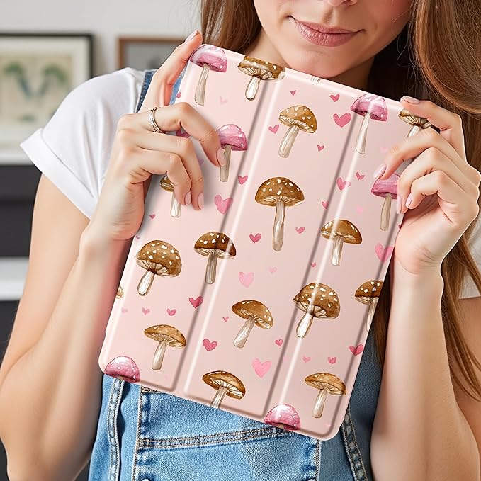 Idocolors Case for iPad 11 inch (A16 Chip) 2025 Generation 11th / iPad 10.9 inch 2022 10th Gen Built-in Pencil Holder with Soft TPU Shockproof Back Shell Auto Wake/Sleep Mushroom-Pink