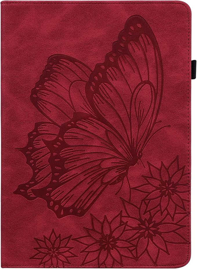 for Amazon Kindle Fire HD 10 &amp HD 10 Plus Case 13th/11th Generation 10.1 inch (2023/2021) Folio Stand Embossed PU Leather Wallet Cover with Pencil Holder/Card Pockes Red Flower Butterfly