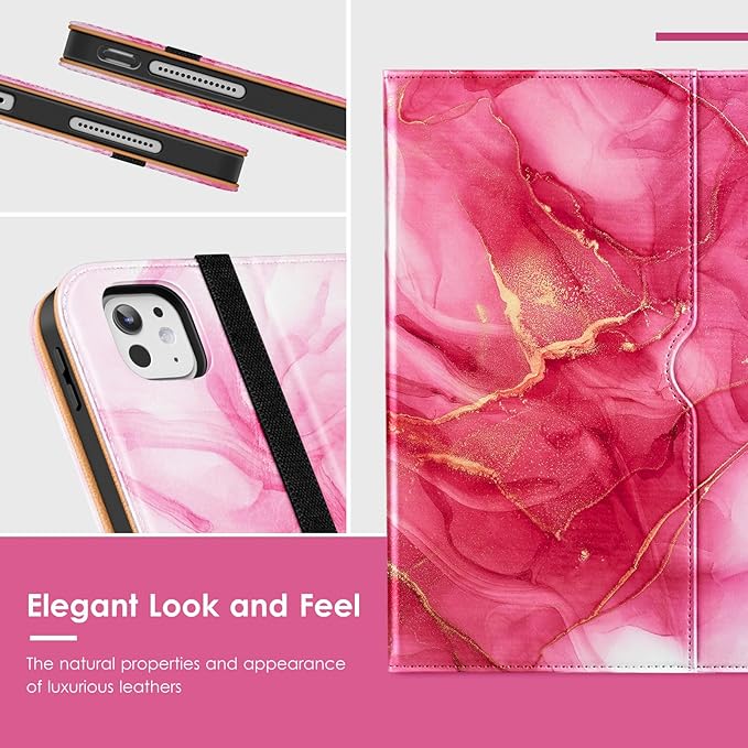 VIKESI Case for iPad Pro 13-inch M5 or M4 Released in 2025 or 2024 Leather Stand Cover with Apple Pencil Holder Auto Wake/Sleep Multiple Viewing Angles Built in Hand Strap &amp PocketRed Marble