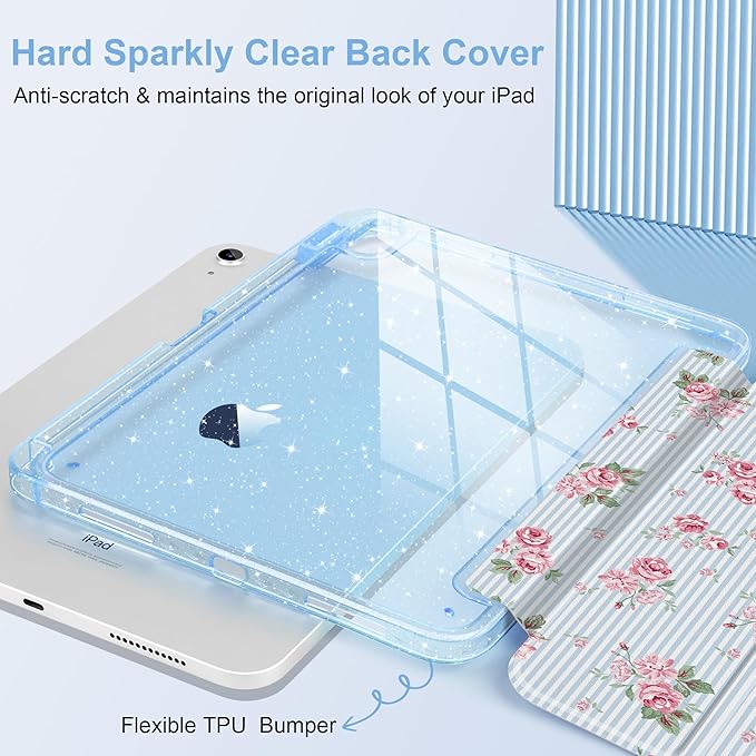 DONGKE for iPad Case 9th/8th/7th Generation 10.2 Inch (2021/2020/2019) Shockproof Glitter Acrylic Back with Trifold Stand Pencil Holder &amp Auto Sleep/Wake - Tiny Roses