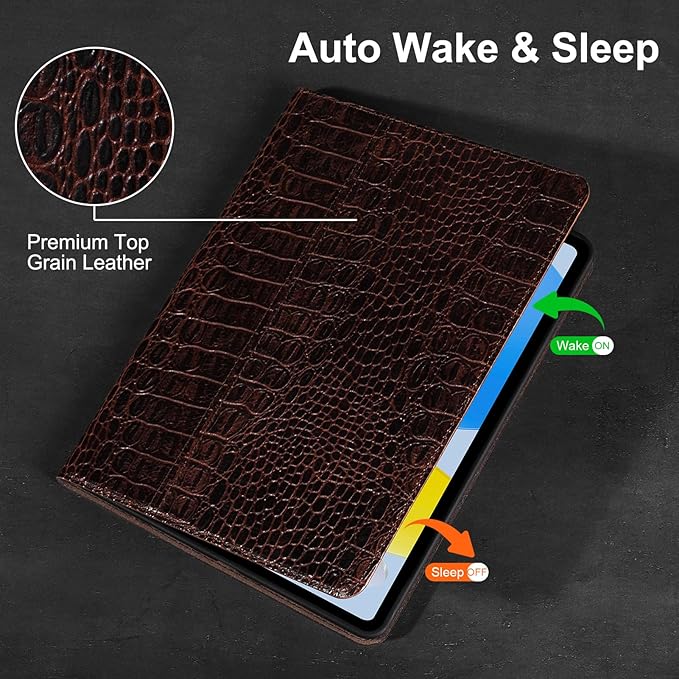 Gexmil Leather Case for iPad (A16) 11th Generation 11 Inch 2025 iPad 10th Generation 10.9 Inch 2022Protective Full Grain Leather Cover Support Auto Sleep/WakeAnti SlipBrown Crocodile