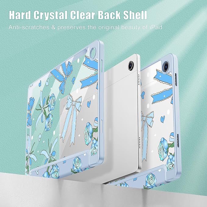 Tuiklol for Samsung Galaxy Tab A9+ Tablet 11” / A9+ Plus 2024 2023Buit-in S-Pen Holder with Clear Protective Cover Transparent Back Shell Auto Wake/Sleep Samsung Tab A9 Plus CoverBow &amp Rose Blue