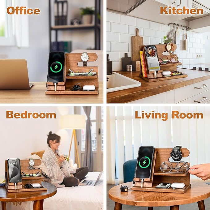 TESLYAR Wood Phone Docking Station for Men - Desktop or Nightstand Organizer - Birthday Gifts for Men Dad - Anniversary Idea from Wife - Key Holder Stand Wallet Watch &amp Essentials (Earth Beige)