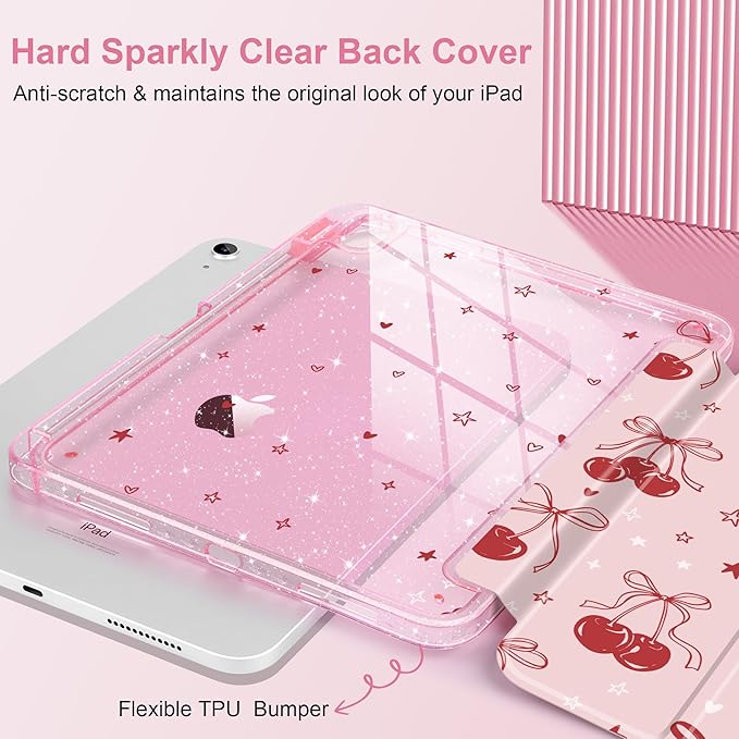 DONGKE for iPad Pro 11 inch Case – Fits M5 2025 / M4 2024 Shockproof Sparkling Glitter Acrylic Back Pencil Holder Trifold Stand Auto Sleep/Wake &amp Touch ID Support - Cherry &amp Bow